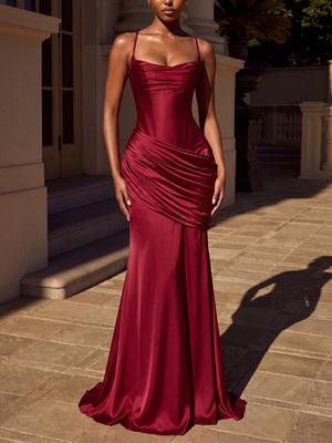 Sheath/Column Spaghetti Straps Pleated Sweep Train Silk Like Satin Prom Dresses