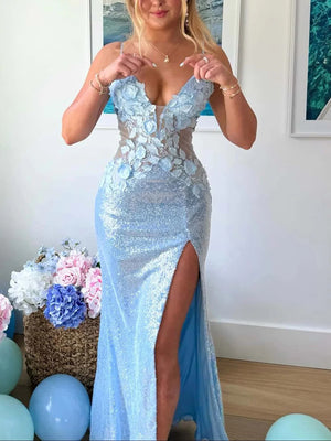 Sheath/Column Spaghetti Straps Appliques Lace Floor-Length Sequins Prom Dresses