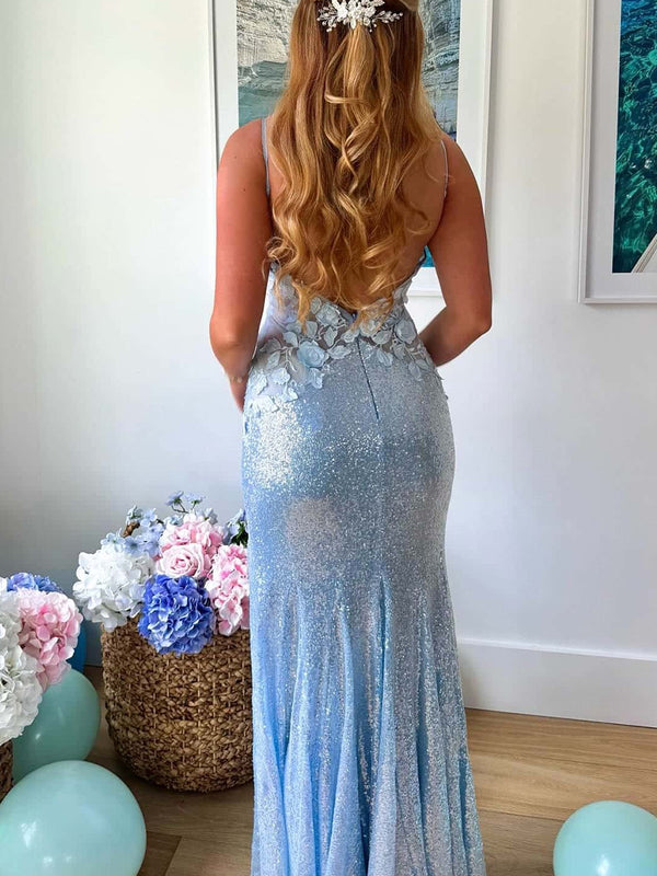 Sheath/Column Spaghetti Straps Appliques Lace Floor-Length Sequins Prom Dresses