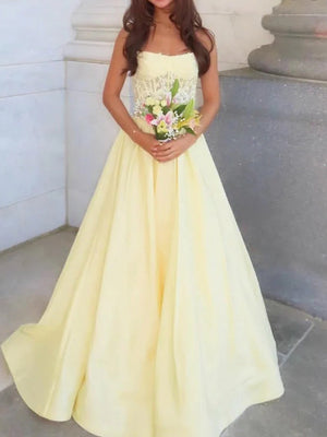 A-line/Princess Straight Appliques Lace Sweep Train Satin Prom Dresses