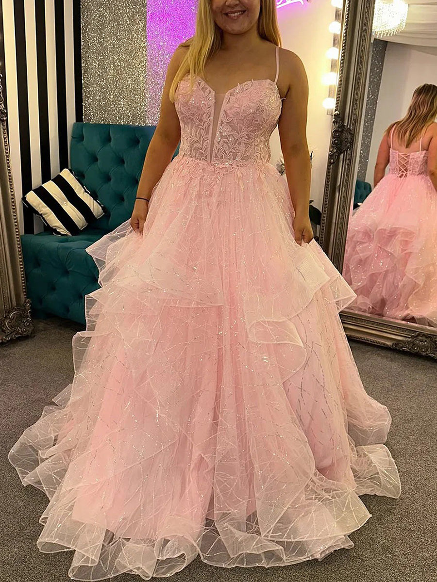 Ball-Gown Spaghetti Straps Appliques Lace Floor-Length Organza Prom Dresses