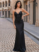 Sheath/Column V-neck Appliques Lace Sweep Train Silk Like Satin Prom Dresses