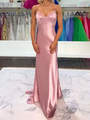 Sheath/Column V-neck Lace Sweep Train Silk Like Satin Prom Dresses