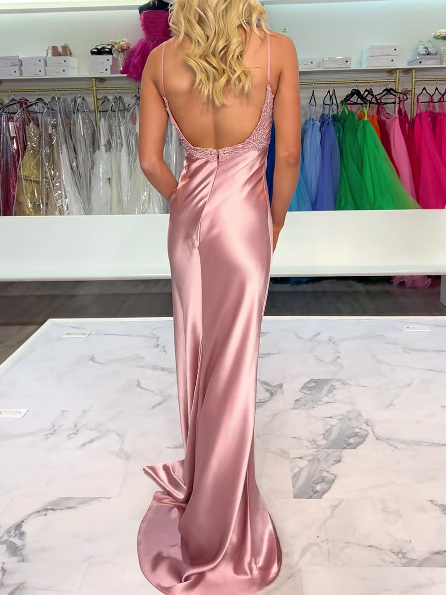 Sheath/Column V-neck Lace Sweep Train Silk Like Satin Prom Dresses