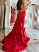 Sheath/Column Straps Pleated Court Train Jersey Prom Dresses