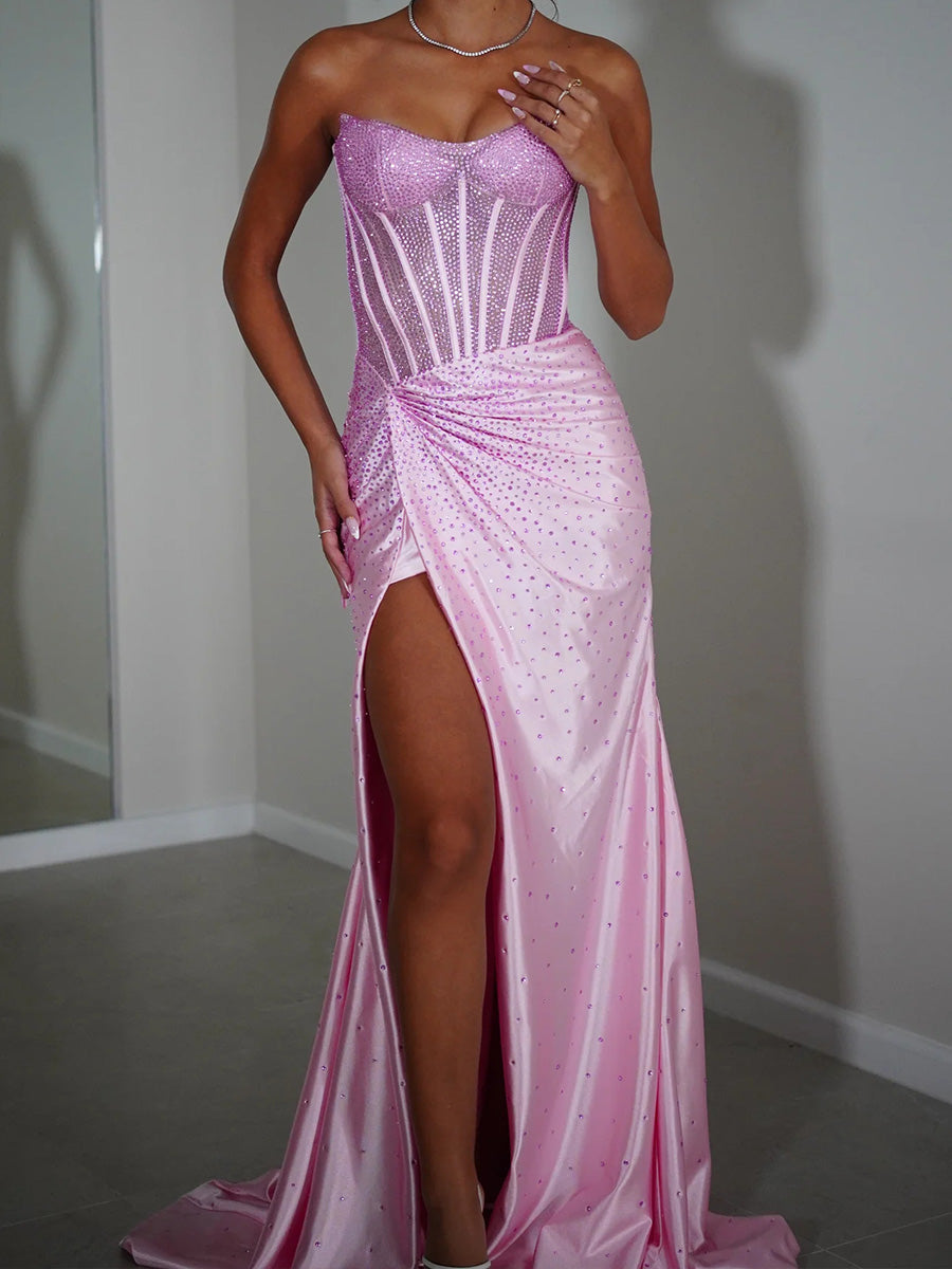 Sheath/Column Straight Rhinestone Sweep Train Silk Like Satin Prom Dresses