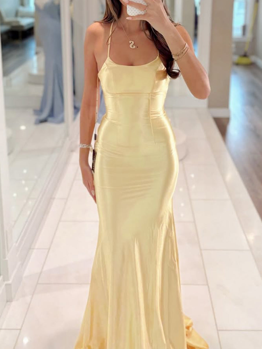 Sheath/Column Spaghetti Straps Pleated Sweep Train Silk Like Satin Prom Dresses