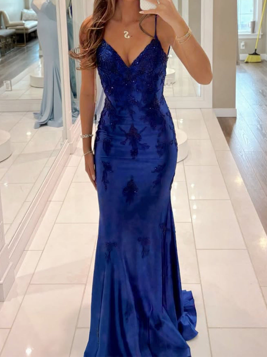 Sheath/Column V-neck Appliques Lace Sweep Train Silk Like Satin Prom Dresses