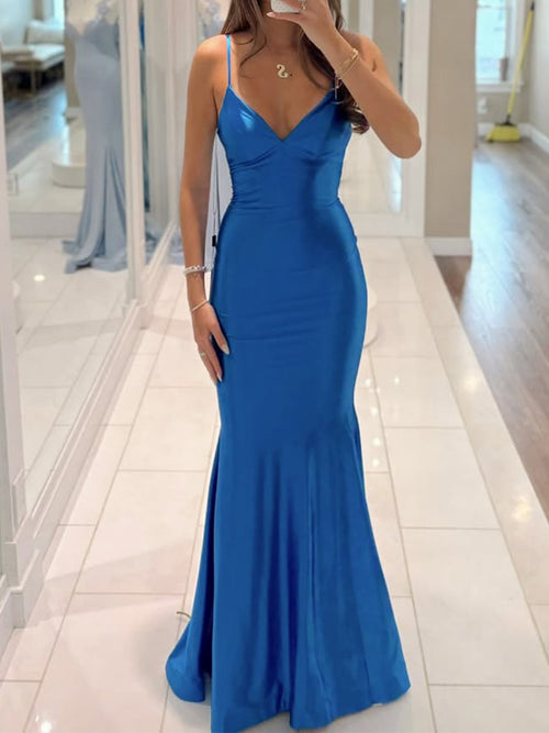 Sheath/Column V-neck Pleated Sweep Train Silk Like Satin Prom Dresses