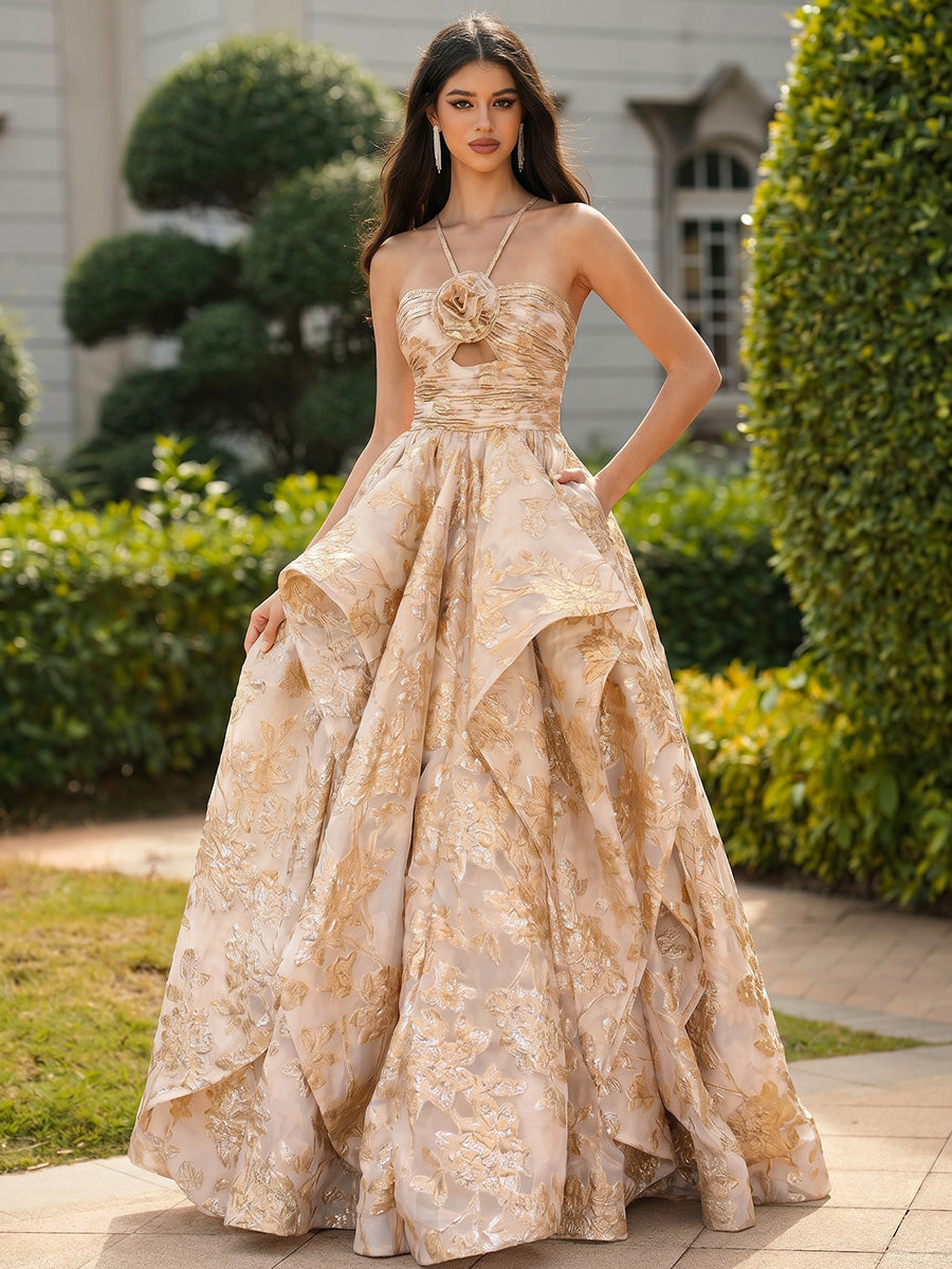 A-line/Princess Halter Cascading Ruffles Floor-Length Prom Dresses