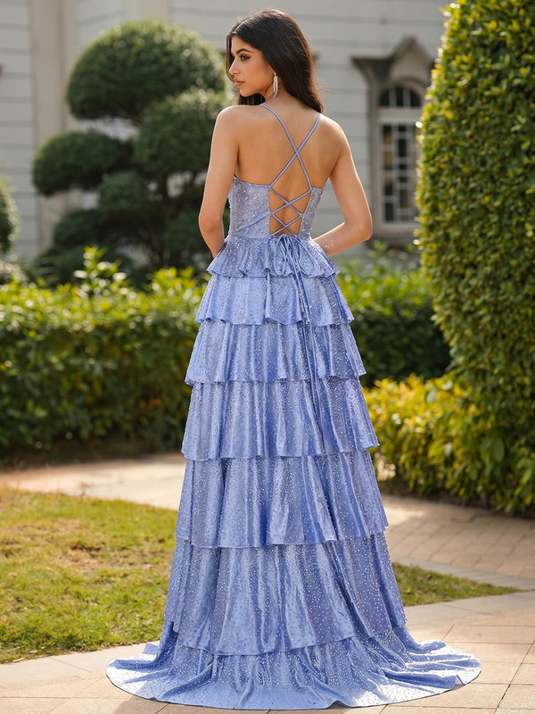 A-line/Princess V-neck Cascading Ruffles Sweep Train Silk Like Satin Prom Dresses