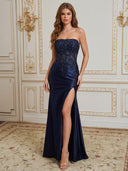 Sheath/Column Straight Appliques Lace Sweep Train Silk Like Satin Prom Dresses