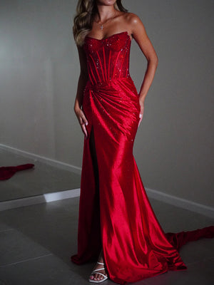 Sheath/Column Straight Pleated Sweep Train Silk Like Satin Prom Dresses