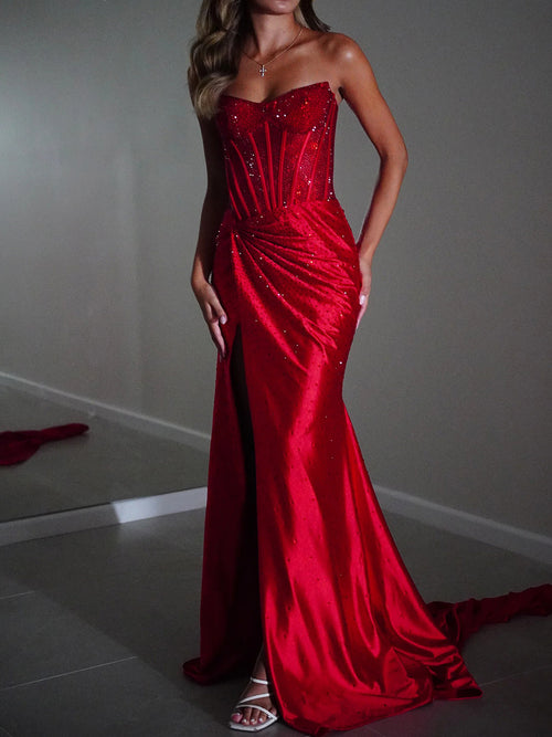 Sheath/Column Straight Pleated Sweep Train Silk Like Satin Prom Dresses