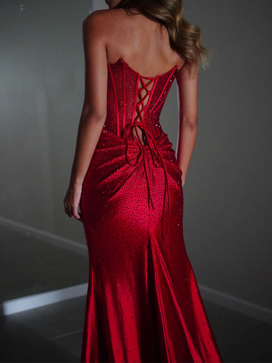 Sheath/Column Straight Pleated Sweep Train Silk Like Satin Prom Dresses