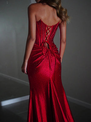 Sheath/Column Straight Pleated Sweep Train Silk Like Satin Prom Dresses