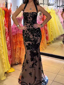 Sheath/Column Halter Lace Floor-Length Lace Prom Dresses