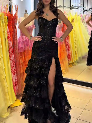 Sheath/Column Sweetheart Appliques Lace Sweep Train Tulle Prom Dresses
