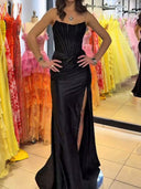Sheath/Column Straight Appliques Lace Sweep Train Silk Like Satin Prom Dresses