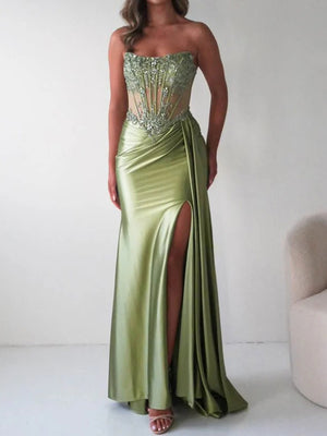 Sheath/Column Straight Appliques Lace Sweep Train Silk Like Satin Prom Dresses