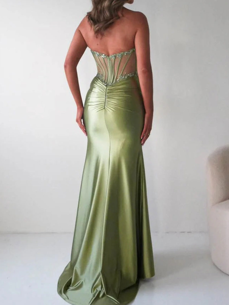 Sheath/Column Straight Appliques Lace Sweep Train Silk Like Satin Prom Dresses