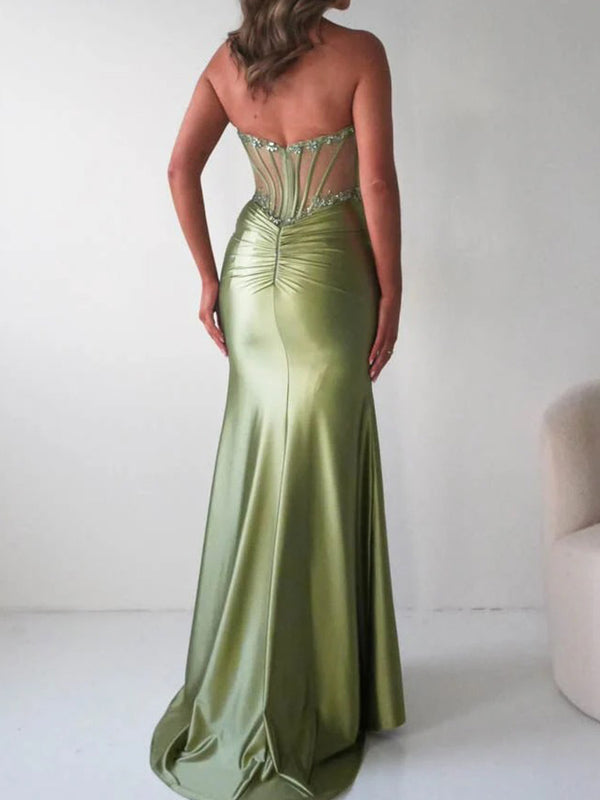 Sheath/Column Straight Appliques Lace Sweep Train Silk Like Satin Prom Dresses