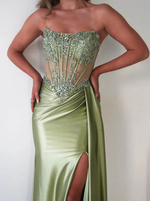 Sheath/Column Straight Appliques Lace Sweep Train Silk Like Satin Prom Dresses