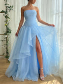 Ball-Gown Straight Cascading Ruffles Floor-Length Organza Prom Dresses