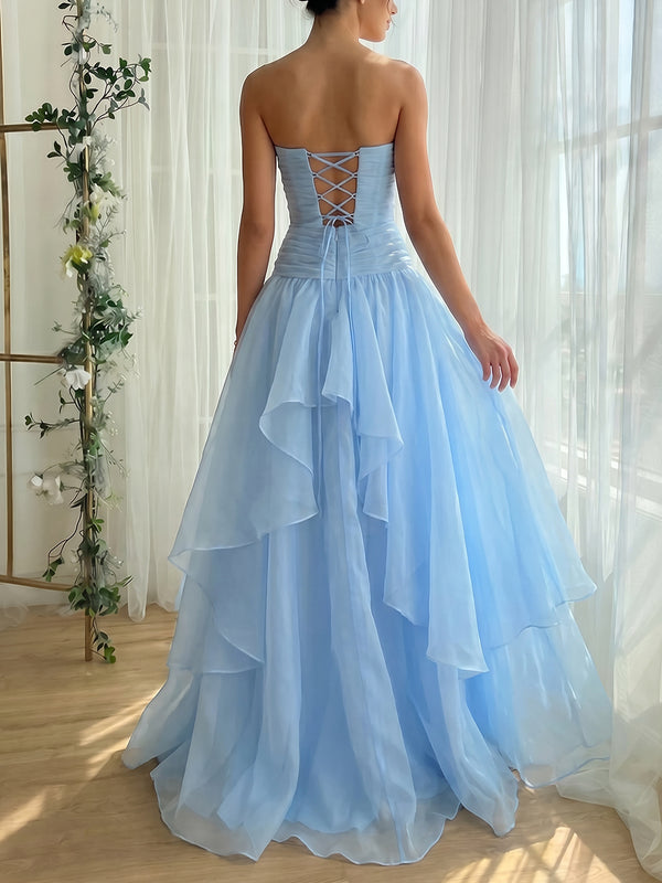 Ball-Gown Straight Cascading Ruffles Floor-Length Organza Prom Dresses