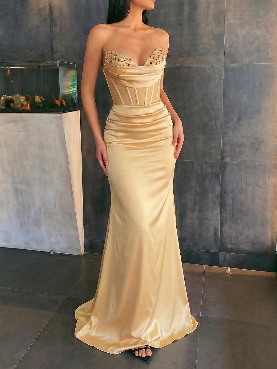 Sheath/Column Sweetheart Beading Floor-Length Satin Prom Dresses
