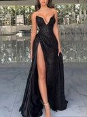 A-line/Princess V-neck Pleated Floor-Length Sequins Prom Dresses