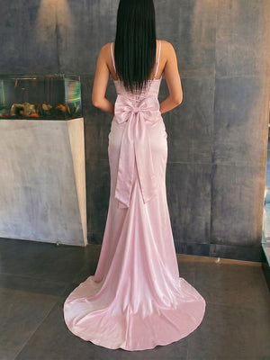 Sheath/Column Spaghetti Straps Bow Sweep Train Silk Like Satin Prom Dresses