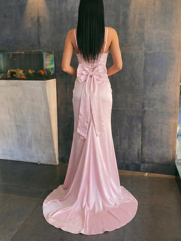 Sheath/Column Spaghetti Straps Bow Sweep Train Silk Like Satin Prom Dresses