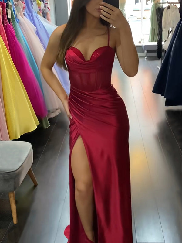 Sheath/Column Spaghetti Straps Pleated Floor-Length Silk Like Satin Prom Dresses