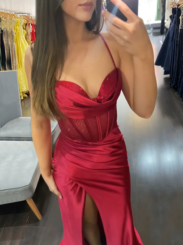 Sheath/Column Spaghetti Straps Pleated Floor-Length Silk Like Satin Prom Dresses