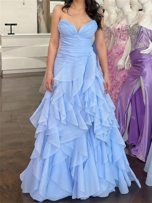 A-line/Princess Sweetheart Cascading Ruffles Floor-Length Chiffon Prom Dresses