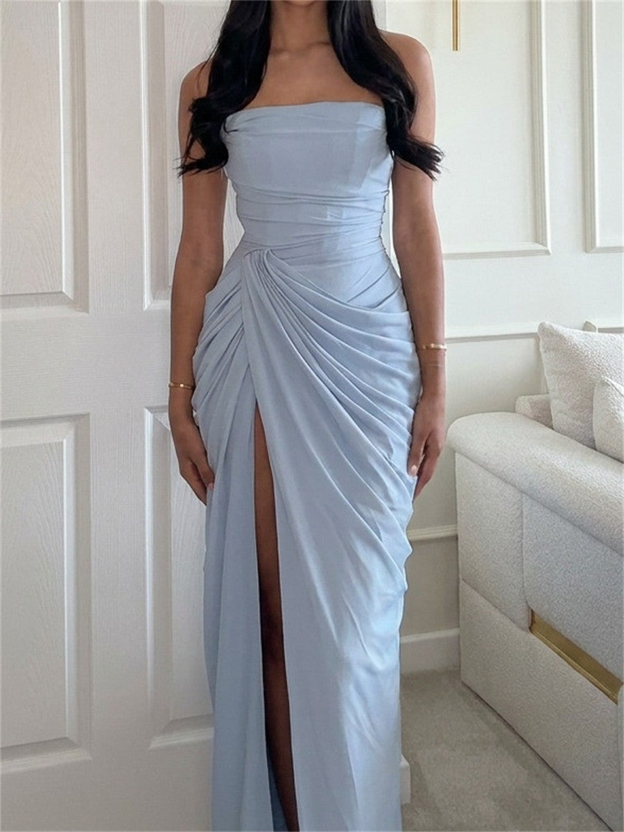 Sheath/Column Straight Pleated Floor-Length Chiffon Prom Dresses