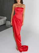 Sheath/Column Straight Pleated Floor-Length Silk Like Satin Prom Dresses