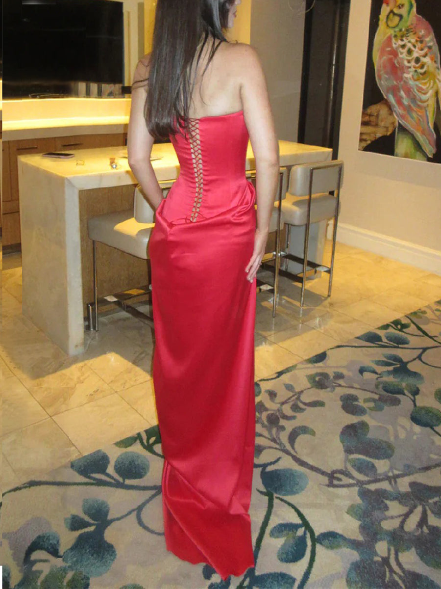 Sheath/Column Straight Pleated Floor-Length Silk Like Satin Prom Dresses