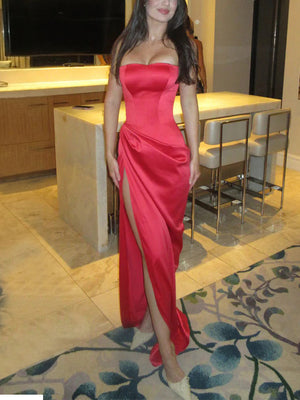 Sheath/Column Straight Pleated Floor-Length Silk Like Satin Prom Dresses