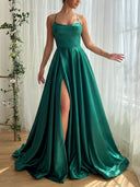 A-line/Princess Spaghetti Straps Pleated Sweep Train Satin Prom Dresses