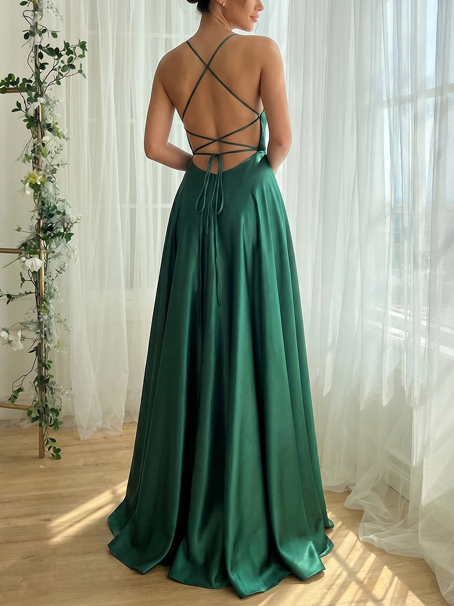A-line/Princess Spaghetti Straps Pleated Sweep Train Satin Prom Dresses