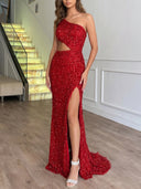 Sheath/Column One-Shoulder Sequin Sweep Train Velvet Sequins Prom Dresses