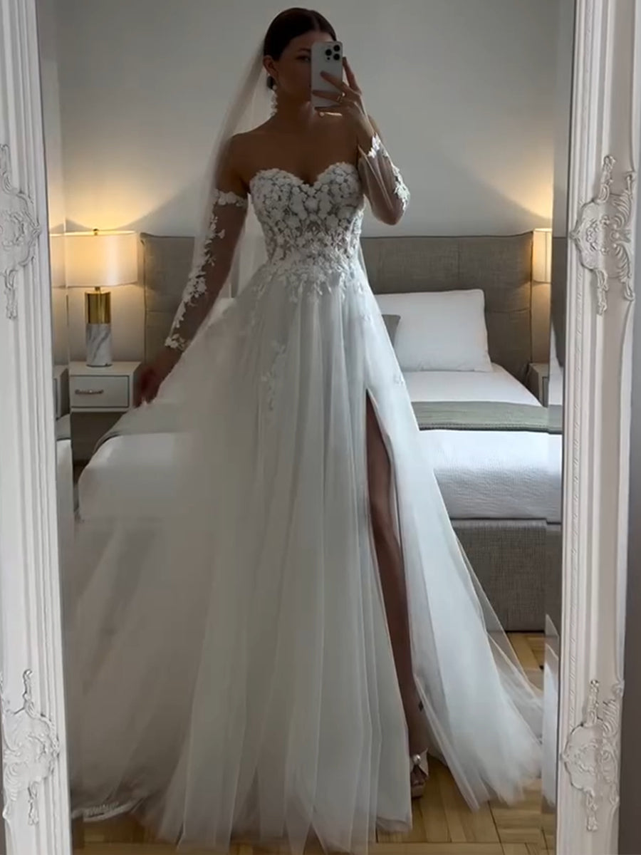 A-line/Princess Sweetheart 3/4 Sleeves Appliques Lace Floor-Length Tulle Wedding Dresses