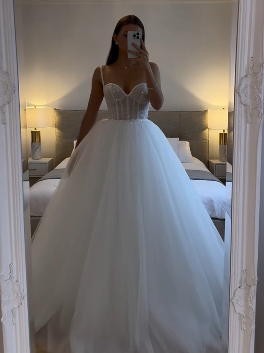 Ball-Gown Spaghetti Straps Beading Floor-Length Tulle Wedding Dresses
