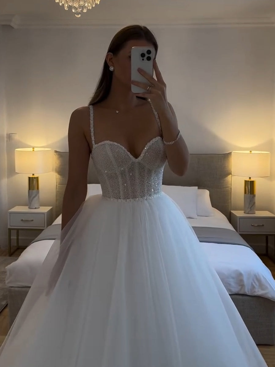 Ball-Gown Spaghetti Straps Beading Floor-Length Tulle Wedding Dresses