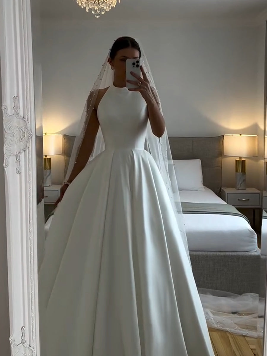 A-line/Princess Scoop Pleated Floor-Length Satin Wedding Dresses