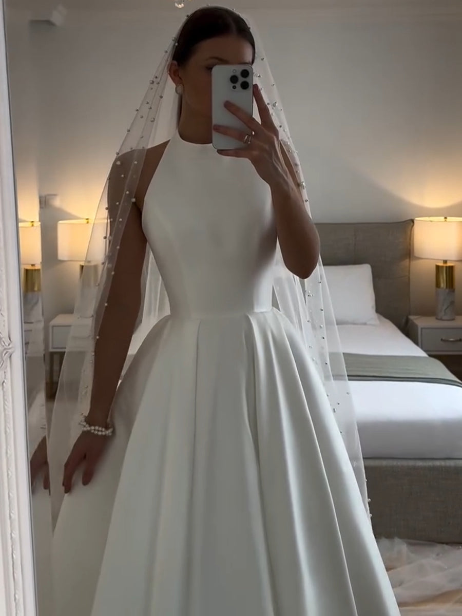 A-line/Princess Scoop Pleated Floor-Length Satin Wedding Dresses