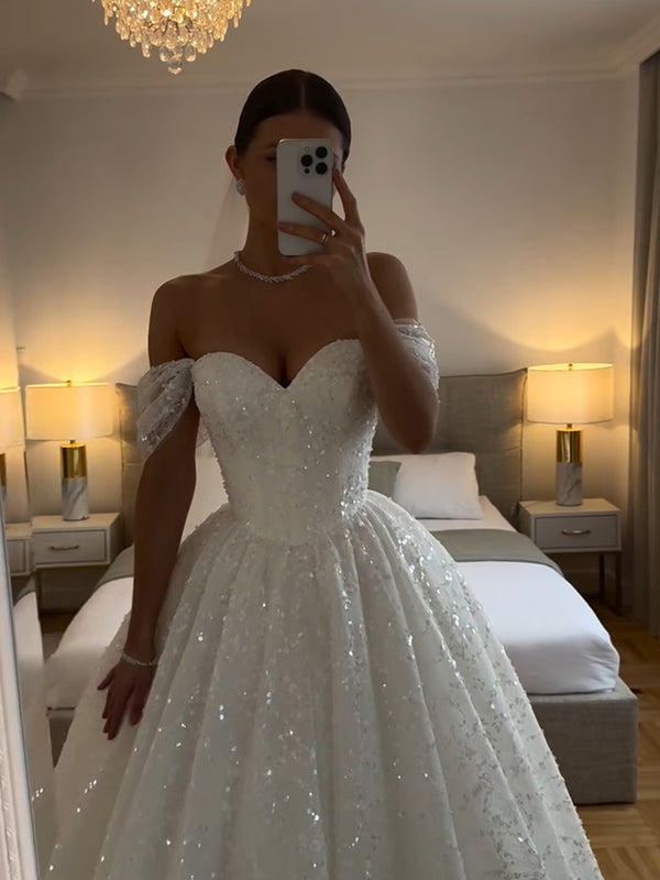Ball-Gown Off-the-Shoulder Rhinestone Floor-Length Wedding Dresses