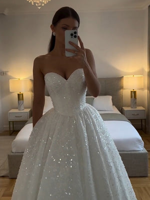 Ball-Gown Off-the-Shoulder Rhinestone Floor-Length Wedding Dresses